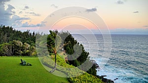 Cliff Top Sunset With Adirondack Chair On Kauai, Hawaii