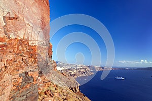 Cliff and volcanic rocks of Santorini island, Greece. View on Caldera