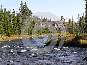 Columnar basalt at Sheepeater Cliff by Gardner River in Yellowstone NP photo