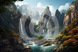 Cliff waterfall. Generate Ai