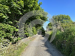 Cliffe lane, with dry stone walls, and farm buildings in, Thornton, Yorkshire, UK
