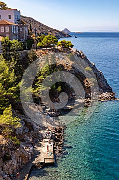 Cliffs and Avlaki beach in Hydra Island