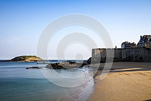 Cliffs, beach and sea in Saint-Malo city, Brittany, France