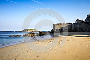 Cliffs, beach and sea in Saint-Malo city, Brittany, France