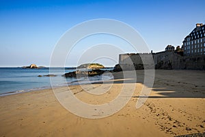 Cliffs, beach and sea in Saint-Malo city, Brittany, France