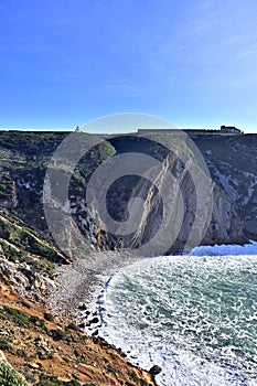 Cliffs at Cape Espichel on coast of Atlantic Ocean. The location is famous for sanctuary complex