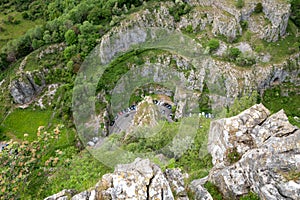 Cliffs of Cheddar Gorge from high viewpoint. High limestone cliffs in canyon in Mendip Hills in Somerset, England, UK