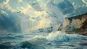 Cliffs and cliffs by the sea, stormy waves