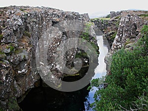 Cliffs and deep fissure in Thingvellir National Park