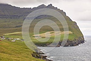 Cliffs in Faroe islands coastline. Vidareidi village in Vidoy