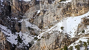 Aerial view of the snow-capped peaks of the mountains in the interior of Alicante.