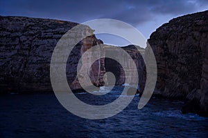 Cliffs in Island of Gozo at dusk. Winter, Malta.