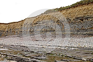 The cliffs at Kilve beach near East Quantoxhead in Somerset, England. Stratified layers of rock date back to the Jurassic era and