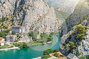 Cliffs near Cetina river in Omis in Croatia. Panoramatic view on Dalmatian mountains.