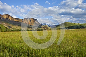 Cliffs and snow capped mountains of the Absaroka Range above a field in western Wyoming