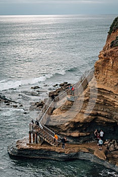 Cliffs and staircase at Sunset Cliffs Natural Park, in Point Loma, San Diego, California