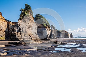 Cliffs at the Three Sisters and The Elephant Rock beach in Taranaki region of New Zealand
