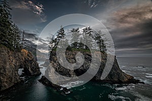 Cliffs with trees on a cloudy day. Samuel H. Boardman State Scenic Corridor, Oregon, USA.