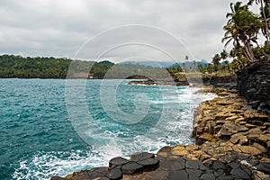 Cliffs on a tropical shore with palm trees and pristine blue sea