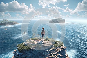 Cliffside Wonder: A Stunning 3D Studio Max Render of a Child and the Ocea