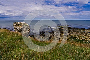 Clifftop view of Jack Rock a sea stack near the Souter Lighthouse