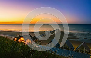 Clifftop view of Pier at sunset of Saltburn by the Sea