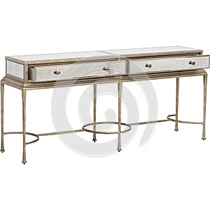 Clifton Writing Desk, Gold/White, Mirrored TV Stand Console Table with Drawer, Two-Drawer Writing Desk with white background