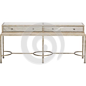 Clifton Writing Desk, Gold/White, Mirrored TV Stand Console Table with Drawer, Two-Drawer Writing Desk with white background