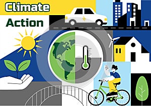 Climate Action Vector Illustration Featuring Global Earth Environment With Sustainable Implementation Pollution Affecting