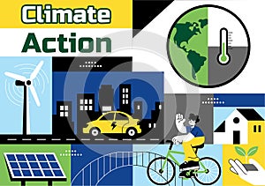 Climate Action Vector Illustration Featuring Global Earth Environment With Sustainable Implementation Pollution Affecting