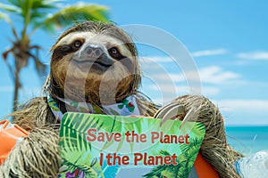 climate activist. A happy sloth holds a sign saying Save the planet