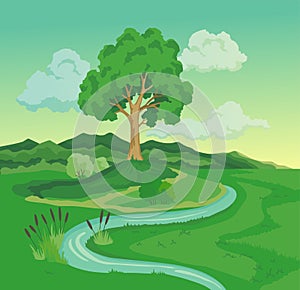 Before climate change desertification illustration. Global environmental problems. Hand drawn nature landscape with tree