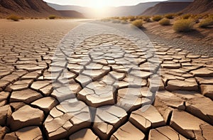 climate change. drought of river as result of global warming. lifeless landscape with cracked earth