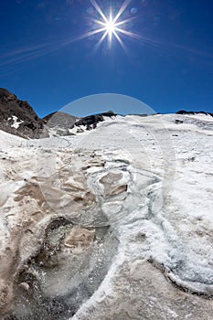 Climate change: a glacier melts due to summer heat. Italian Alps