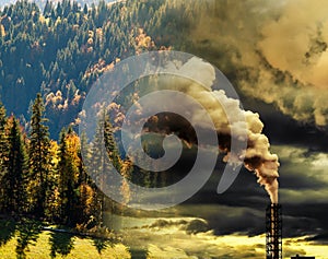 climate change or global warming banner - double exposure of polluting factory smoke and pine forest