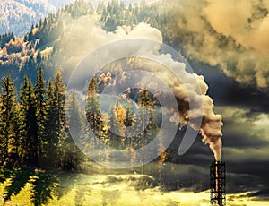 climate change or global warming banner - double exposure of polluting factory smoke and pine forest