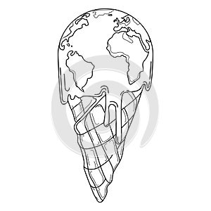 Climate change and global warming concept. Planet Earth in a waffle cone.Vector illustration in a linear style