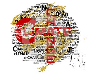 Climate change, global warming and environmental conservation, word and tag cloud, vector illustration, grungy