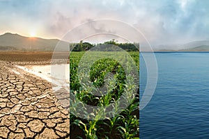 Climate change with green fields of agriculture with Drought and ocean
