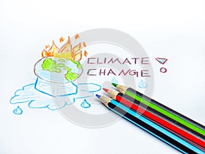 Climate change painted earth with fire and ice cubes