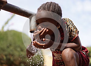 Climate Change Symbol, Cute African Little Woman with Water