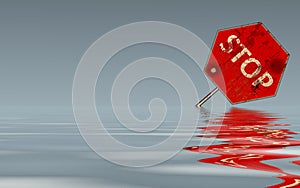 Climate change symbol, red stop sign with water surface, inundation, flooding,global warming concept, illustration, grungy style