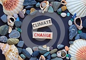 Climate change symbol. Wooden blocks with words `Climate change` on beautiful black background. Sea stones and seashells. Busine