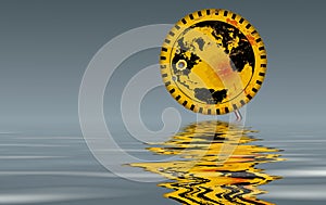 Climate change warning sign with water surface, inundation, flooding,global warming concept, vector illustration, grungy style