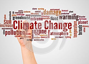 Climate Change word cloud and hand with marker concept