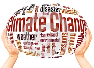 Climate change word cloud hand sphere concept