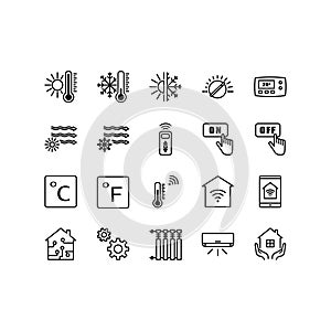 Climate control icon set. Heating, ventilating and air conditioning symbols. Outline set of climate control systems vector icons