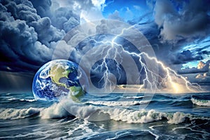Climate crisis. thunder and lightning clouds. high wavy sea and earth globe in sea.