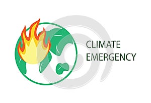 Climate Emergency Declaration petition. Icon planet earth, fires, global warming. Ecological problems, environmental pollution of photo