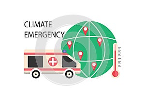 Climate Emergency Declaration Vector. Environmental issues on planet Earth. Temperature increase, thermometer, ambulance, geolocat photo